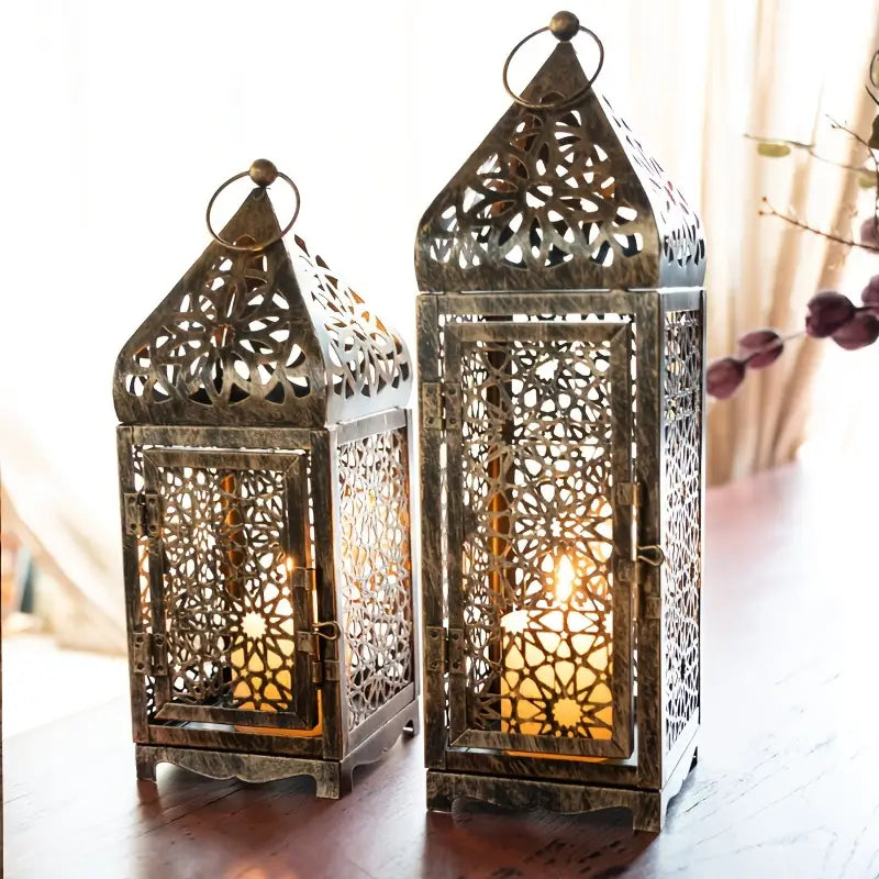 Lanternes métalliques marocaines lot de 2 | Bougeoirs à projection découpée pour table, fêtes et décoration intérieure