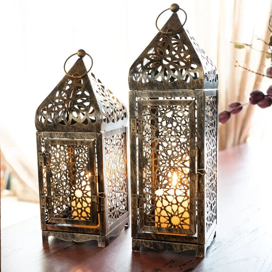 Lanternes métalliques marocaines lot de 2 | Bougeoirs à projection découpée pour table, fêtes et décoration intérieure