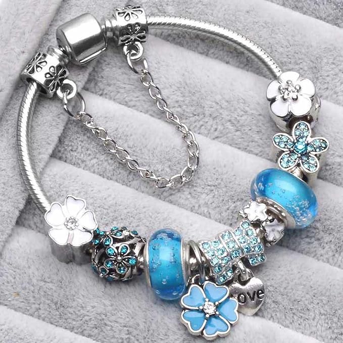 Sterling Silver Charm Bracelet | Flowers Blue Crystal Bead Jewelry Gift