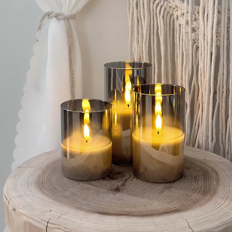 Confezione da 3 Candele LED Senza Fiamma | Set di Colonne Grigie con Telecomando e Stoppino 3D Realistico