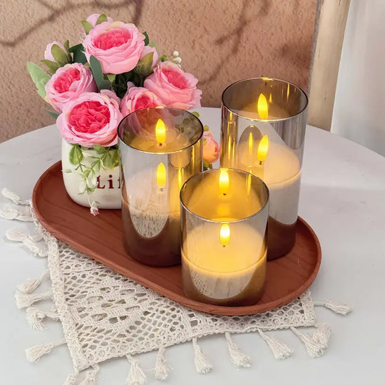Confezione da 3 Candele LED Senza Fiamma | Set di Colonne Grigie con Telecomando e Stoppino 3D Realistico