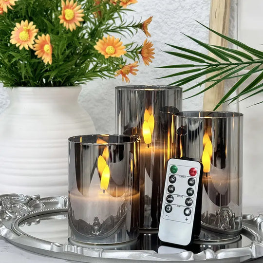 Confezione da 3 Candele LED Senza Fiamma | Set di Colonne Grigie con Telecomando e Stoppino 3D Realistico