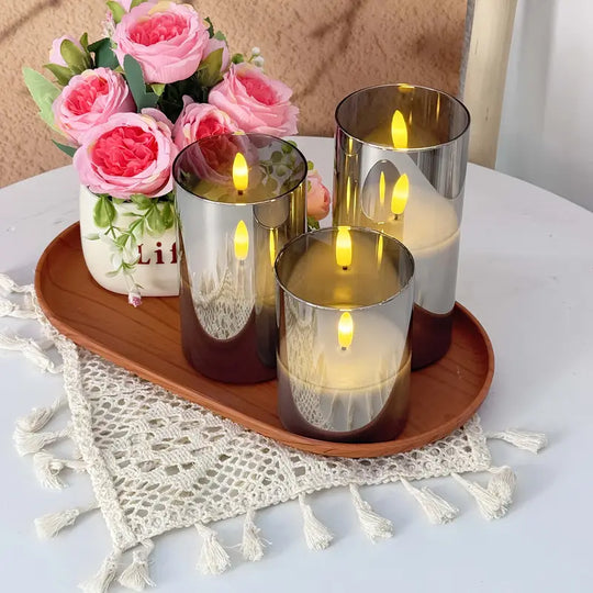 Confezione da 3 Candele LED Senza Fiamma | Set di Colonne Grigie con Telecomando e Stoppino 3D Realistico