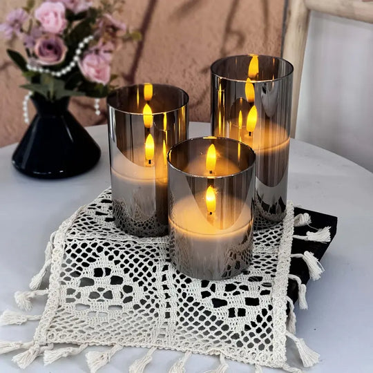 Confezione da 3 Candele LED Senza Fiamma | Set di Colonne Grigie con Telecomando e Stoppino 3D Realistico