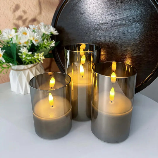 Confezione da 3 Candele LED Senza Fiamma | Set di Colonne Grigie con Telecomando e Stoppino 3D Realistico