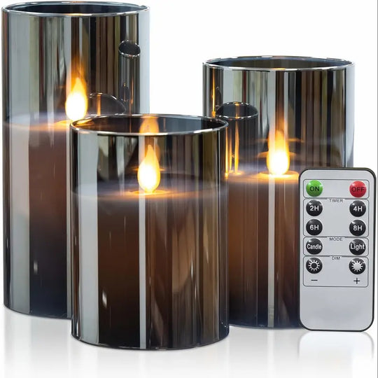 Confezione da 3 Candele LED Senza Fiamma | Set di Colonne Grigie con Telecomando e Stoppino 3D Realistico