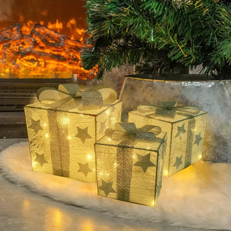 Confezione da 3 Pacchi di Regali di Natale Illuminati a LED | Decorazione Festiva a Batteria per Interni ed Esterni