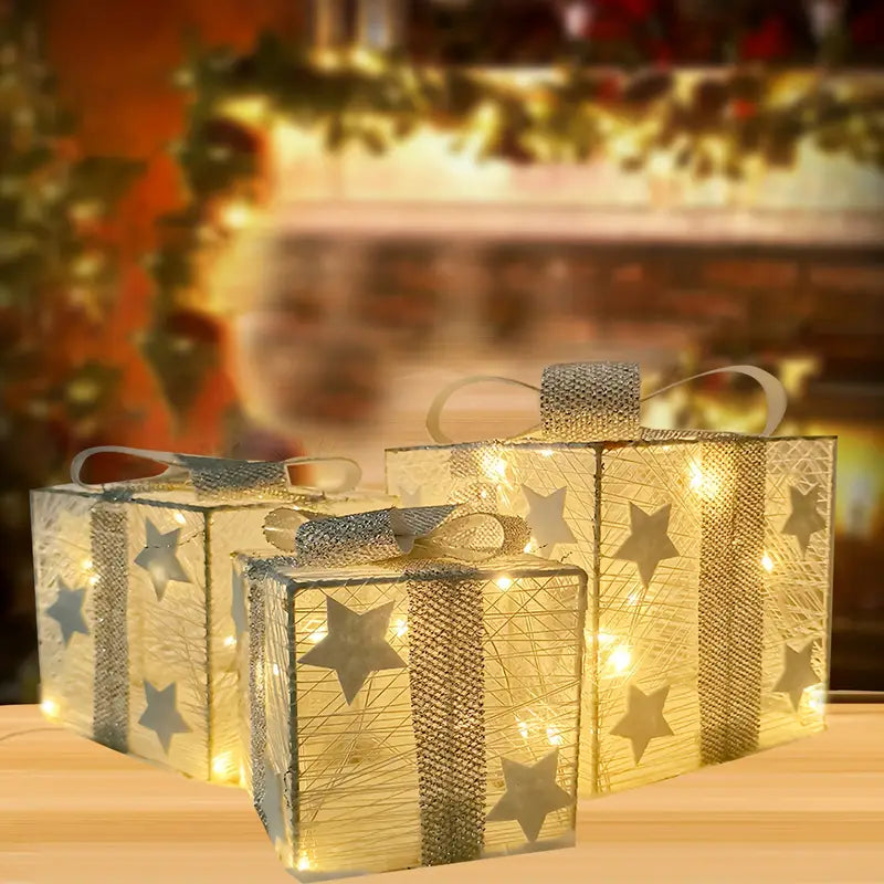 Confezione da 3 Pacchi di Regali di Natale Illuminati a LED | Decorazione Festiva a Batteria per Interni ed Esterni