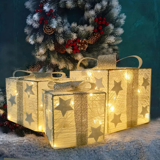 Confezione da 3 Pacchi di Regali di Natale Illuminati a LED | Decorazione Festiva a Batteria per Interni ed Esterni
