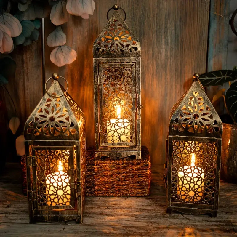 Lanternes métalliques marocaines lot de 2 | Bougeoirs à projection découpée pour table, fêtes et décoration intérieure