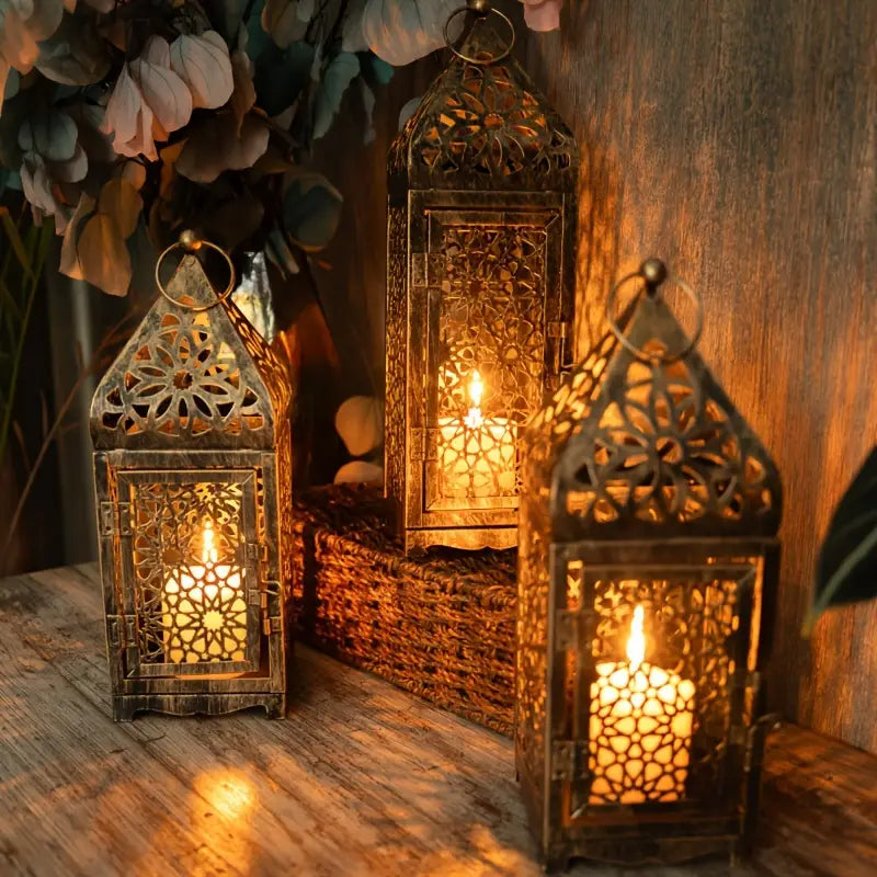 Lanternes métalliques marocaines lot de 2 | Bougeoirs à projection découpée pour table, fêtes et décoration intérieure