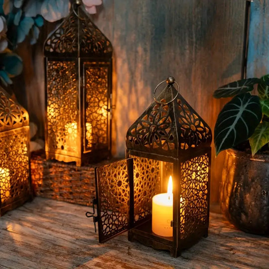 Lanternes métalliques marocaines lot de 2 | Bougeoirs à projection découpée pour table, fêtes et décoration intérieure