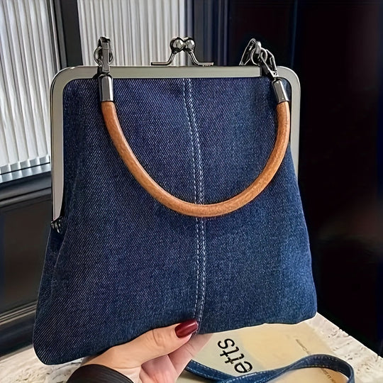 Blue Denim Frame Bag for Women | Brown Curved Handle