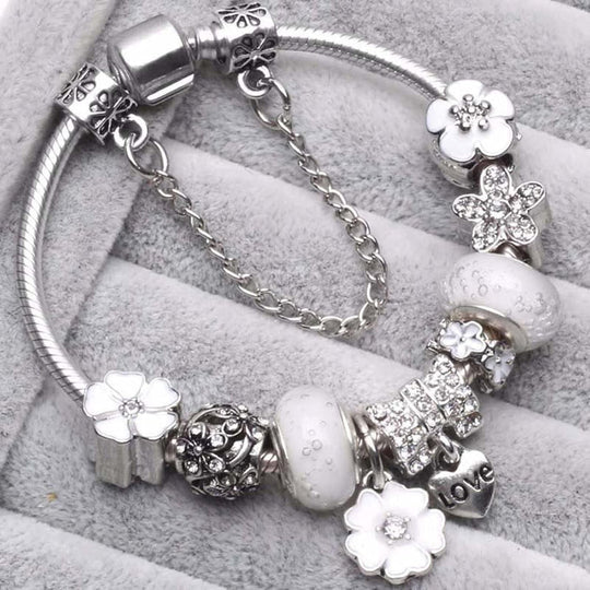 Sterling Silver Charm Bracelet | Flowers Blue Crystal Bead Jewelry Gift