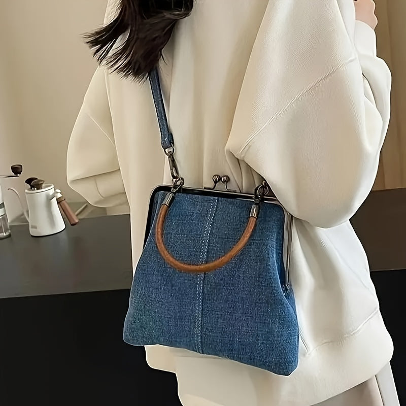 Blue Denim Frame Bag for Women | Brown Curved Handle