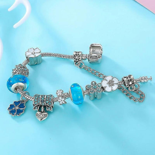 Sterling Silver Charm Bracelet | Flowers Blue Crystal Bead Jewelry Gift