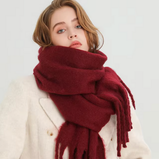 Oversized Scarf with Fringes for Women | Thick Knitted Winter Shawl