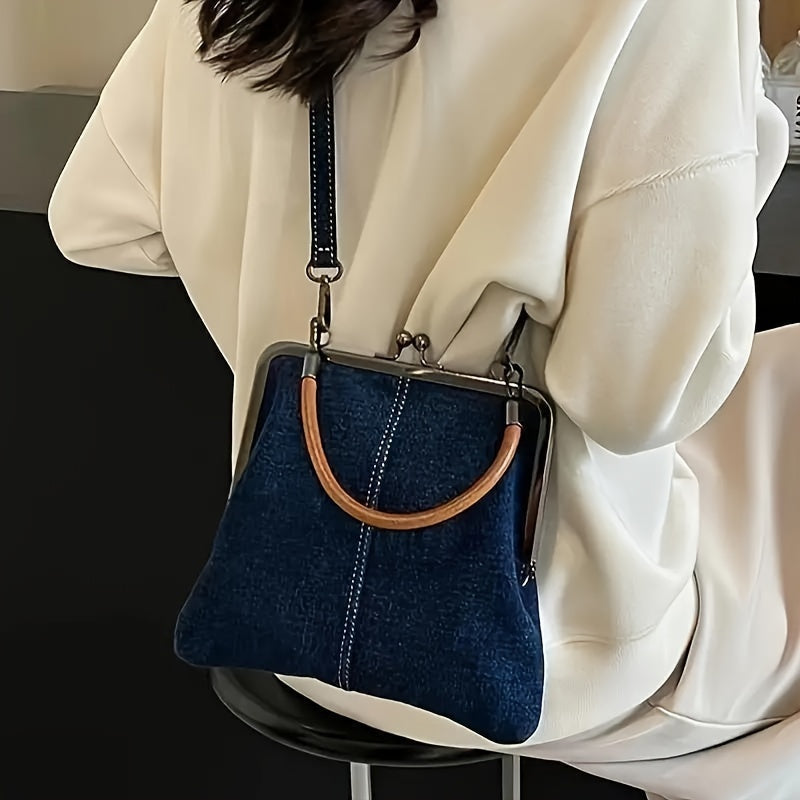 Blue Denim Frame Bag for Women | Brown Curved Handle