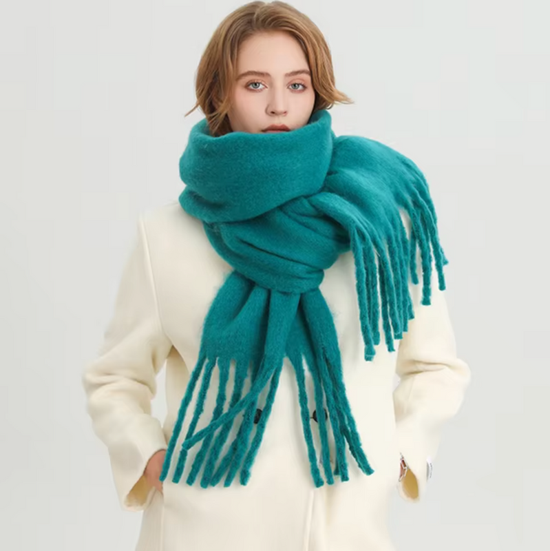 Oversized Scarf with Fringes for Women | Thick Knitted Winter Shawl