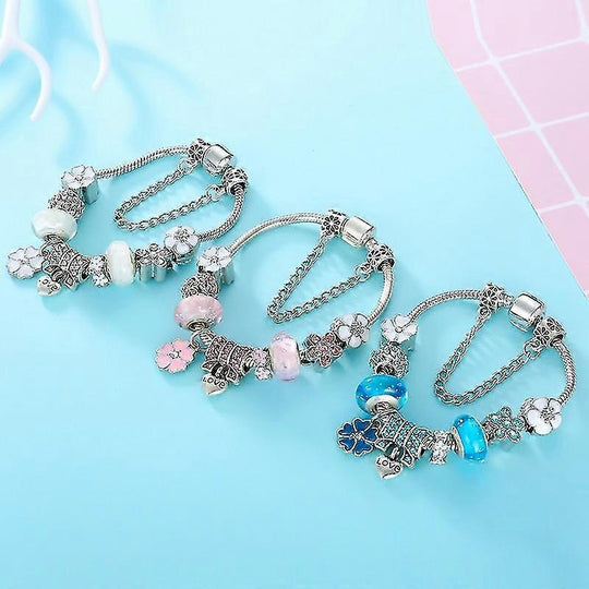 Sterling Silver Charm Bracelet | Flowers Blue Crystal Bead Jewelry Gift