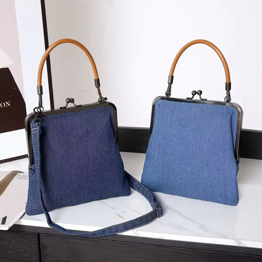 Blue Denim Frame Bag for Women | Brown Curved Handle
