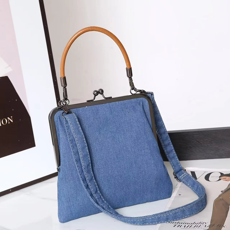 Blue Denim Frame Bag for Women | Brown Curved Handle