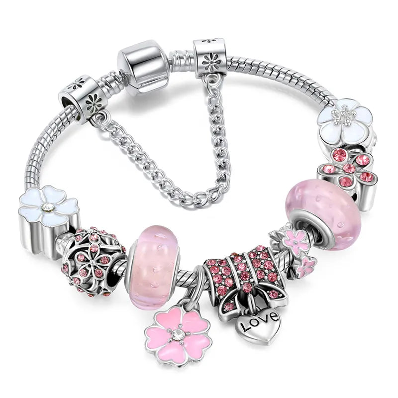 Sterling Silver Charm Bracelet | Flowers Blue Crystal Bead Jewelry Gift