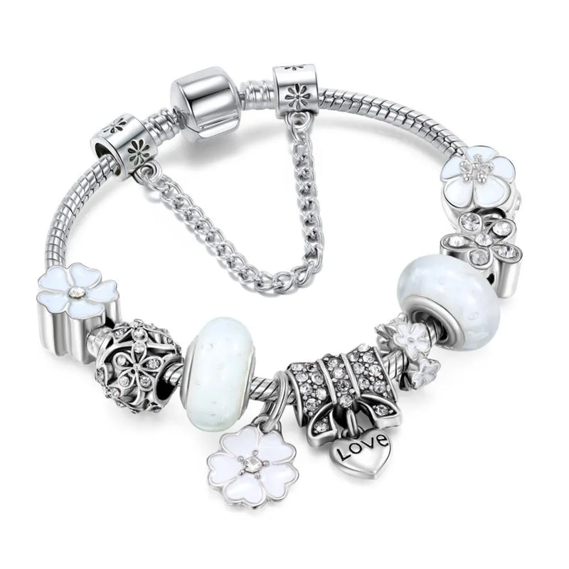 Sterling Silver Charm Bracelet | Flowers Blue Crystal Bead Jewelry Gift