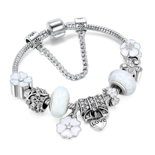 Sterling Silver Charm Bracelet | Flowers Blue Crystal Bead Jewelry Gift