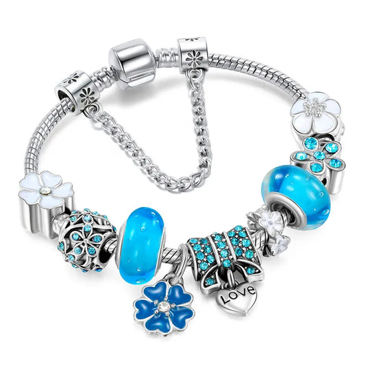 Sterling Silver Charm Bracelet | Flowers Blue Crystal Bead Jewelry Gift