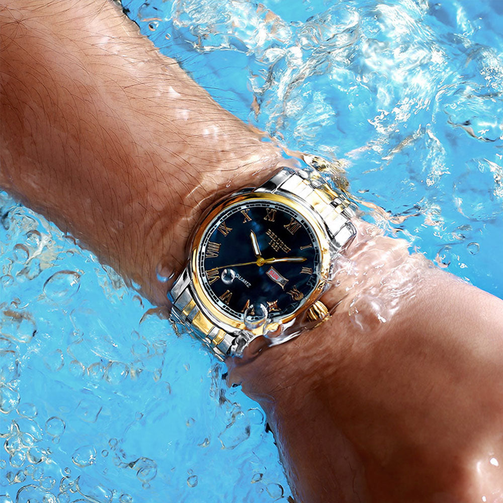 Men's Two-Tone Watch | Luminous Blue Dial with Day & Date