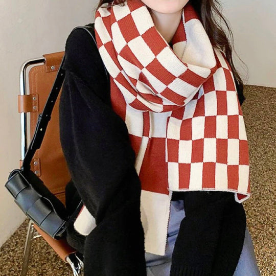 Plaid Knitted Scarf for Women | Two-Tone Checkered Cloth