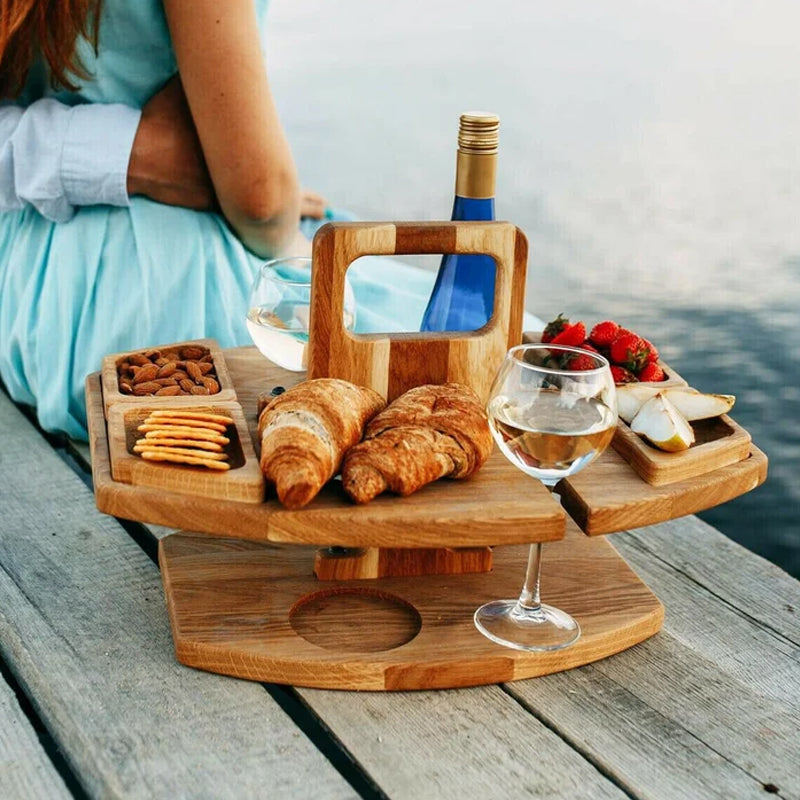 Draagbare houten picknick wijntafel | Opvouwbare wijn- en snackhouder voor buiten