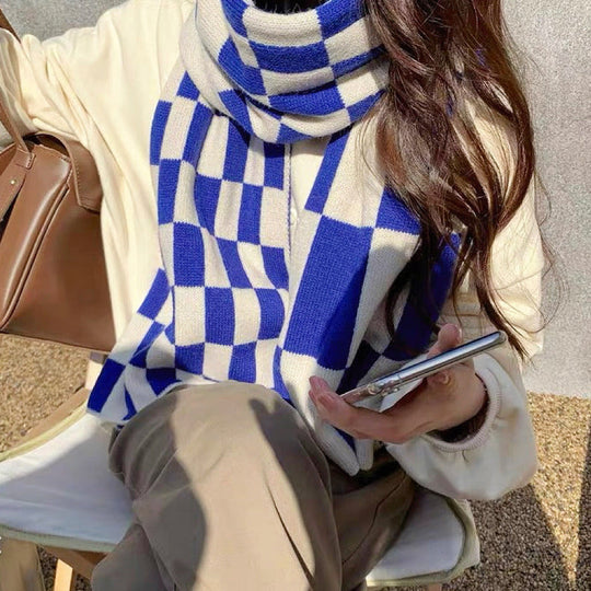Plaid Knitted Scarf for Women | Two-Tone Checkered Cloth