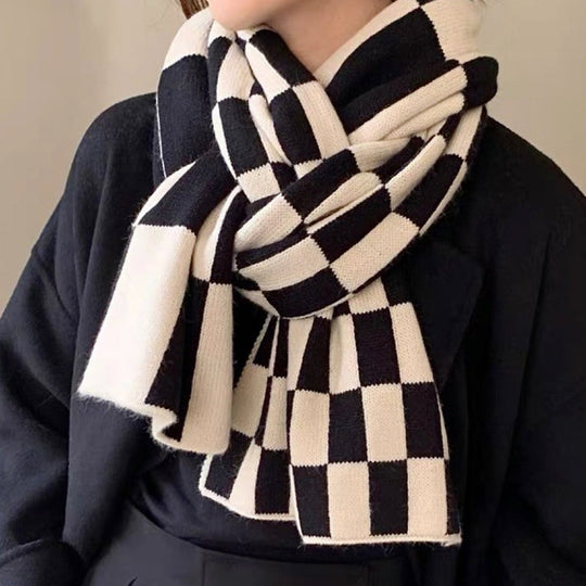 Plaid Knitted Scarf for Women | Two-Tone Checkered Cloth