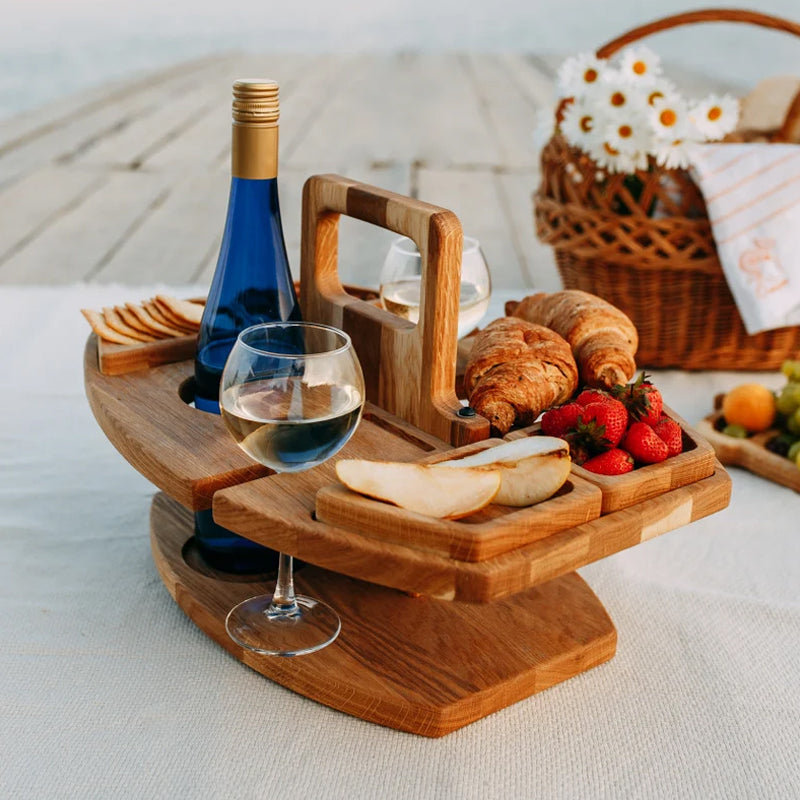 Draagbare houten picknick wijntafel | Opvouwbare wijn- en snackhouder voor buiten