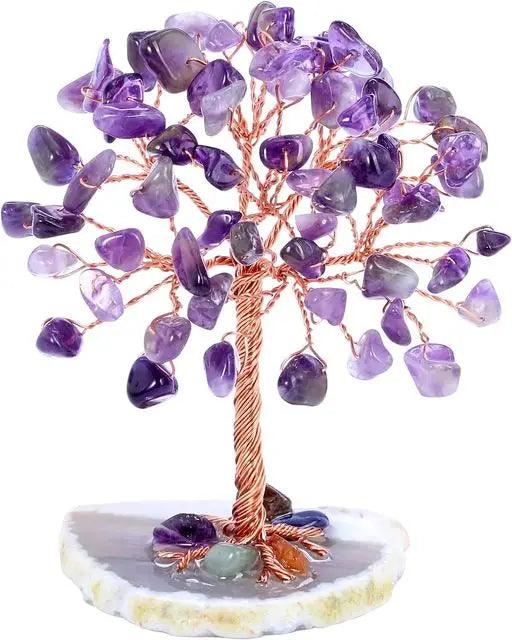 Super Mini Albero della Fortuna di Cristallo - Avvolto con Filo di Rame, Base in Agata, Pietra Guaritrice Albero Yoga Feng Shui per Decorazione della Casa