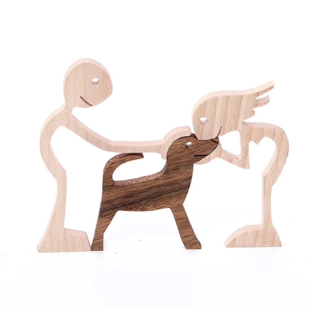 Houten Puppy's Familie Beeldje - Hondenfiguur Tafeldecoratie, Handgemaakte Houtsnijwerk Model voor Thuis & Kantoor, Perfect Kerstcadeau