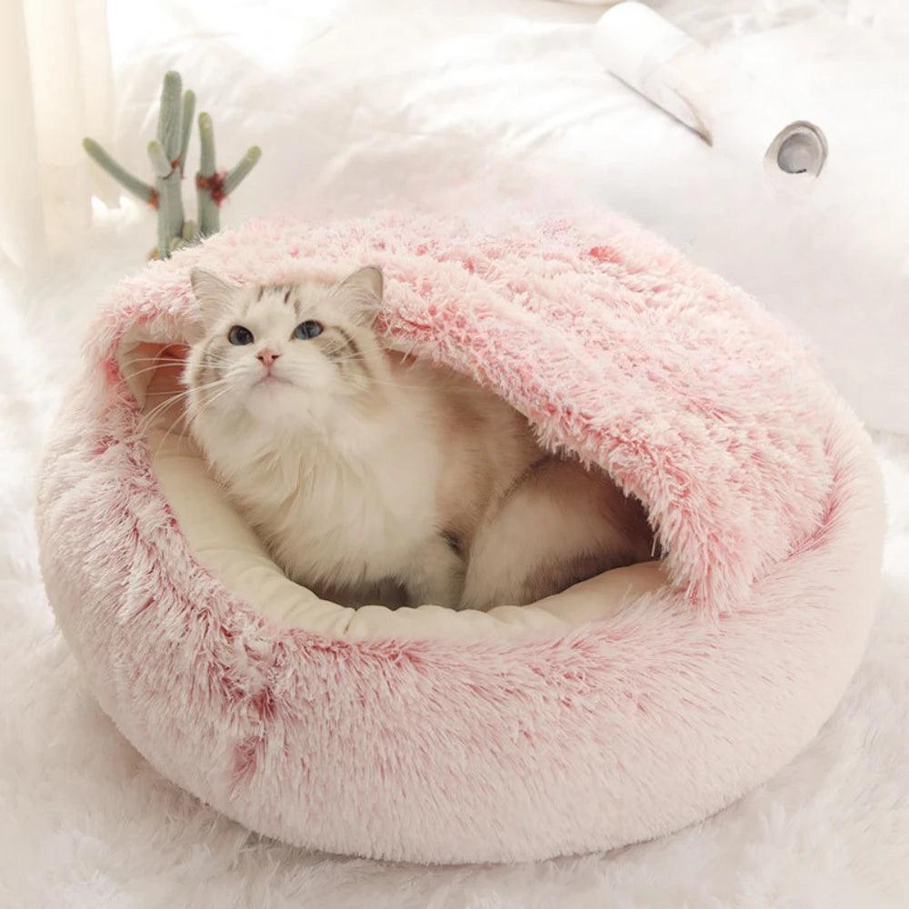 Cuscino Rotondo per Gatti – Letto per Animali 2-in-1 Semi-Chiuso in Morbido Peluche per Gatti e Cani Piccoli