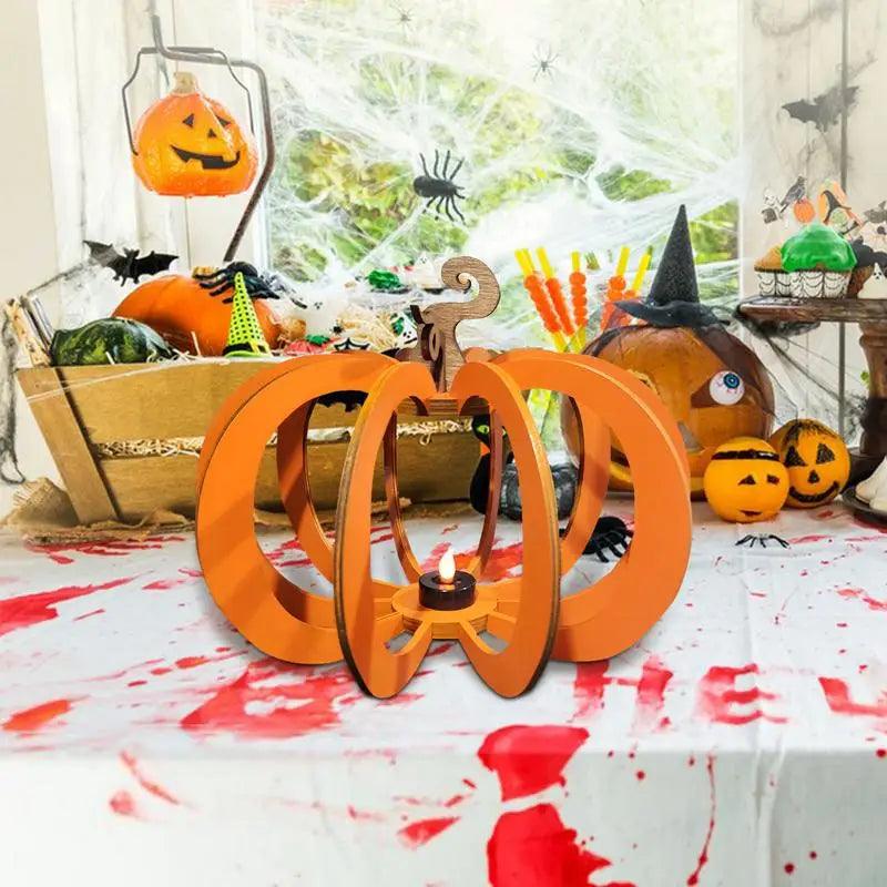 Wooden tealight lantern in the shape of a pumpkin - creative holder for autumn candles