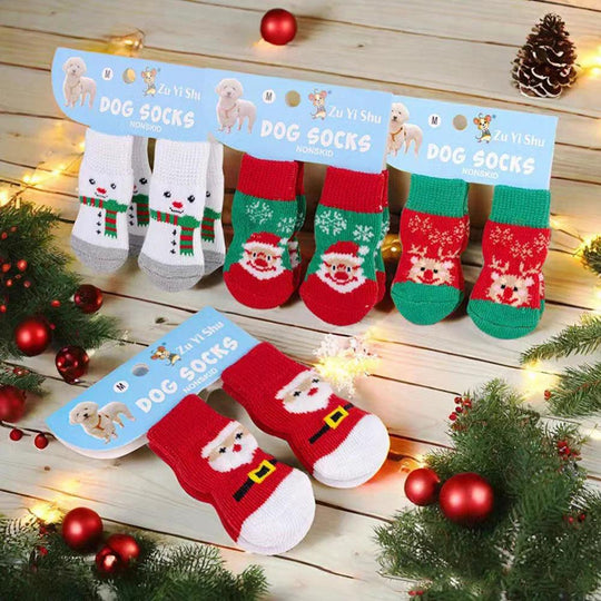 Set da 4 calzini antiscivolo per cani – Serie natalizia con stampa di Babbo Natale – Protettore per zampe carino per cuccioli