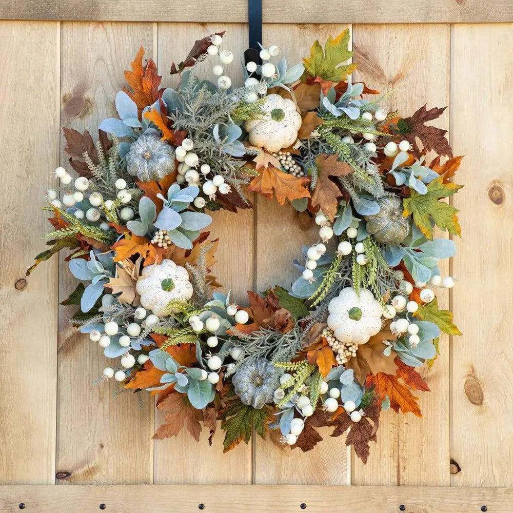 Set corona di zucca autunnale e foglie di acero per porte d'ingresso e decorazioni esterne