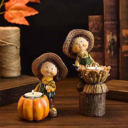 Sustainable Resin Pumpkin Candle Holders - Cartoon Design of Boy & Girl for Bedroom Decoration