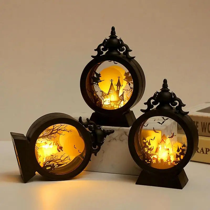 Gotisch Vintage Kasteel LED Lantaarn met Heks & Pompoen | Halloween Tafelstuk