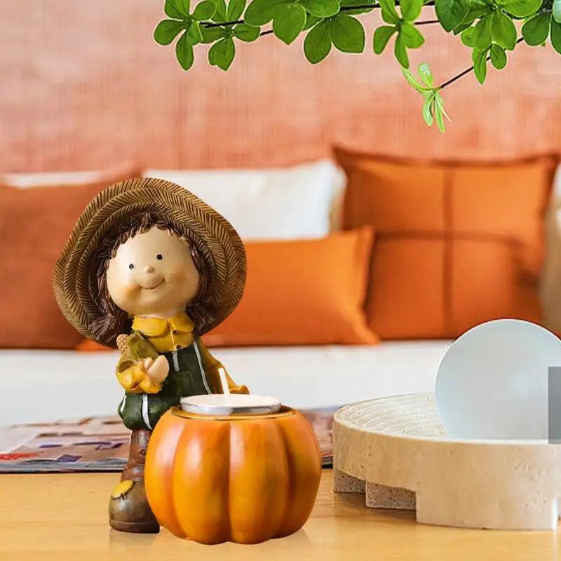 Sustainable Resin Pumpkin Candle Holders - Cartoon Design of Boy & Girl for Bedroom Decoration