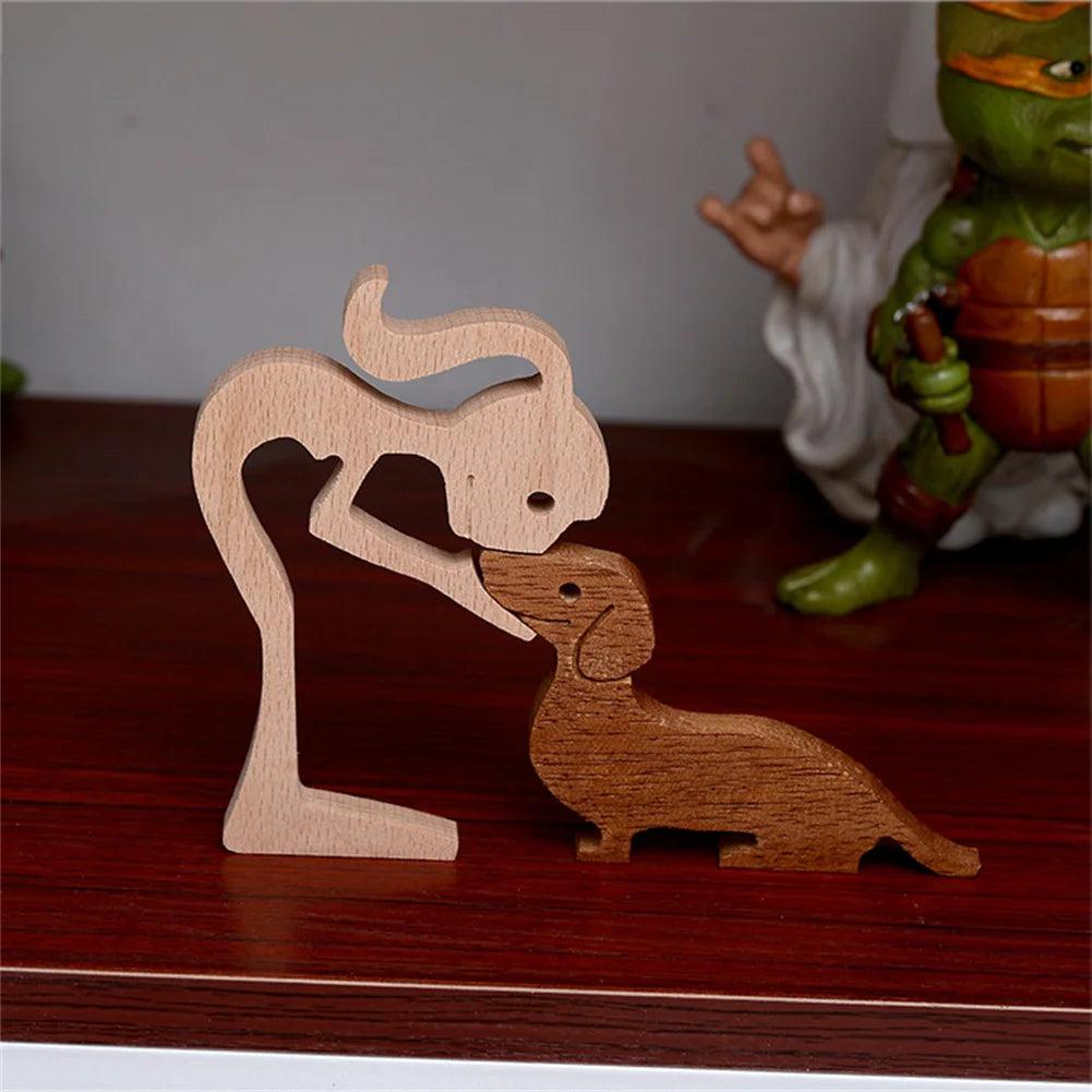 Houten Puppy's Familie Beeldje - Hondenfiguur Tafeldecoratie, Handgemaakte Houtsnijwerk Model voor Thuis & Kantoor, Perfect Kerstcadeau