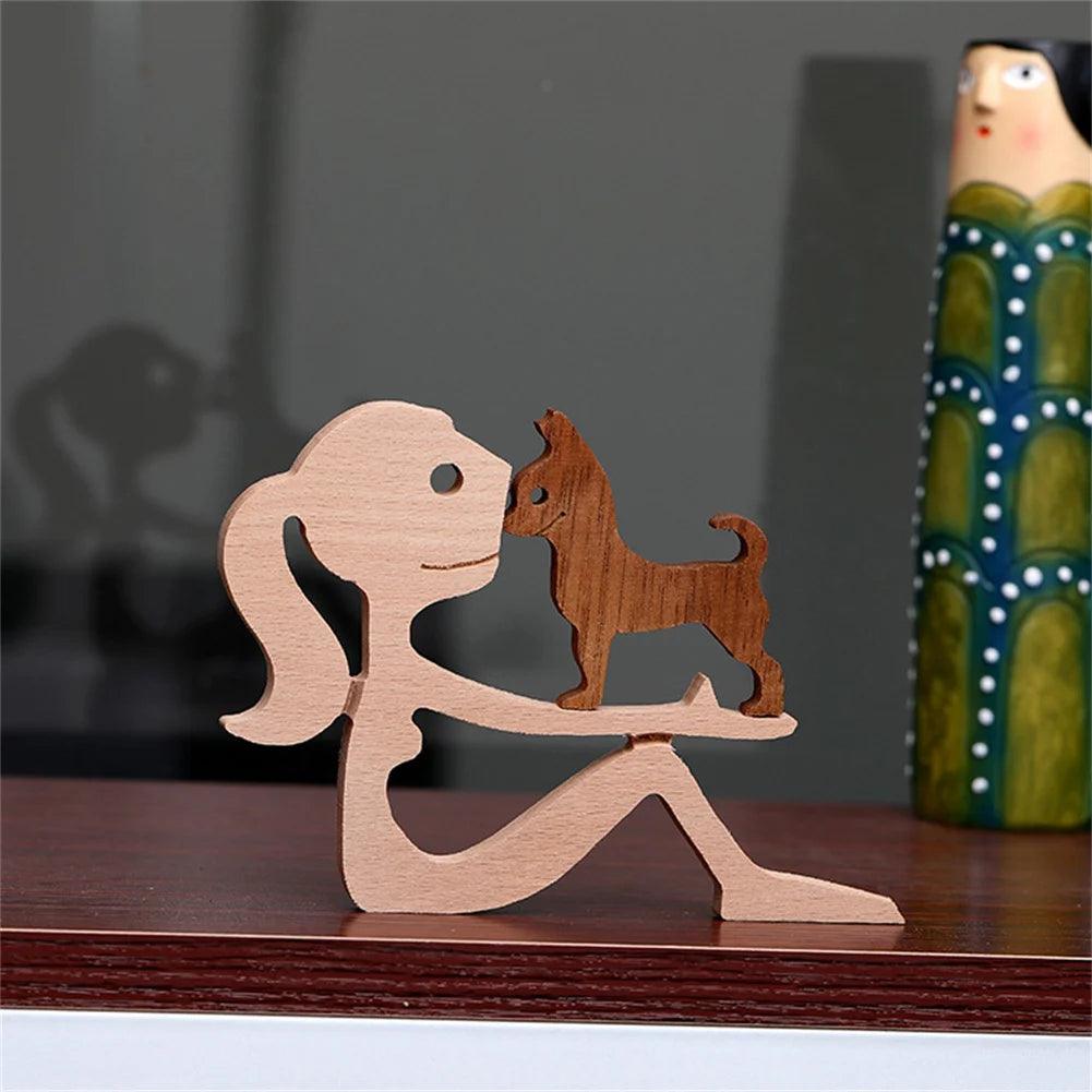 Houten Puppy's Familie Beeldje - Hondenfiguur Tafeldecoratie, Handgemaakte Houtsnijwerk Model voor Thuis & Kantoor, Perfect Kerstcadeau