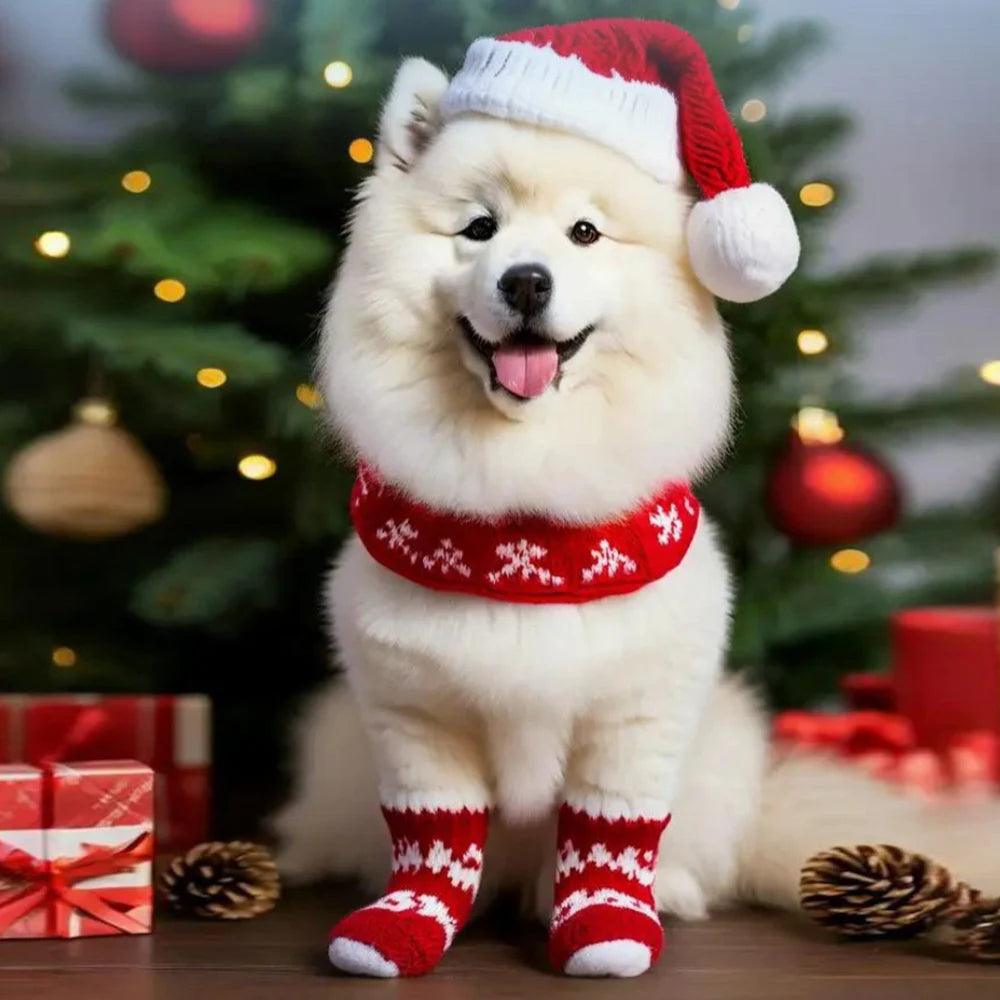 Set da 4 calzini antiscivolo per cani – Serie natalizia con stampa di Babbo Natale – Protettore per zampe carino per cuccioli