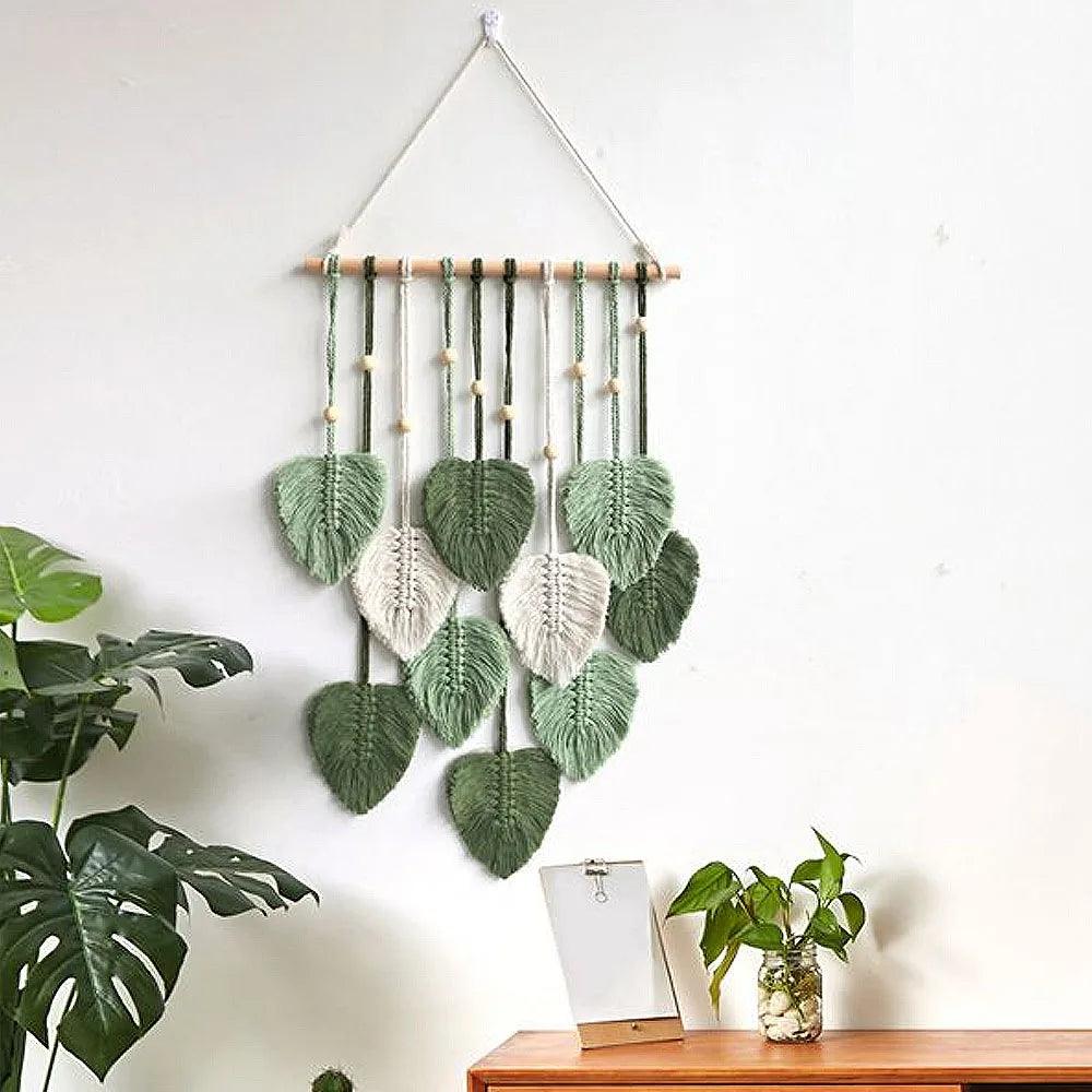 Tappeto da parete in macramè a foglia - Decorazione da camera boho, arazzo da parete tessuto estetico per casa, camera e decorazione per matrimoni in verde