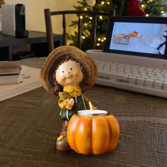 Sustainable Resin Pumpkin Candle Holders - Cartoon Design of Boy & Girl for Bedroom Decoration